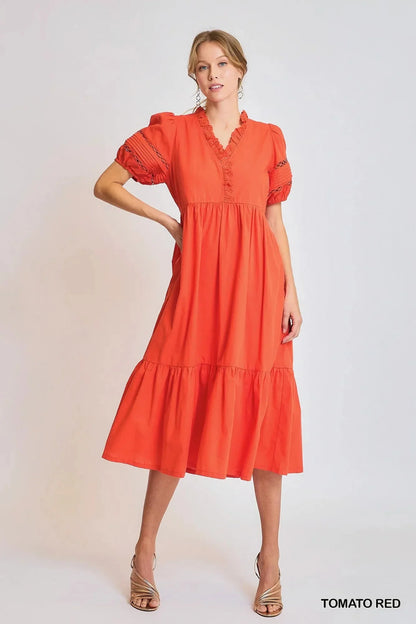 Umgee Short Sleeve Lace - Trim Ruffled Midi Dress - VILLA FASHION