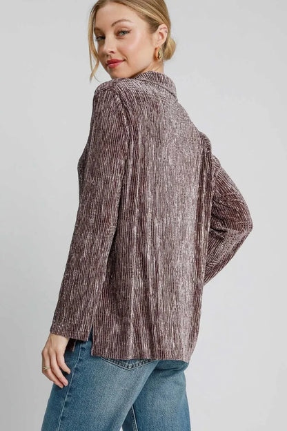 Umgee Side Slit Texture Button Up Shirt - VILLA FASHION