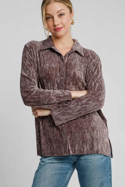 Umgee Side Slit Texture Button Up Shirt - VILLA FASHION