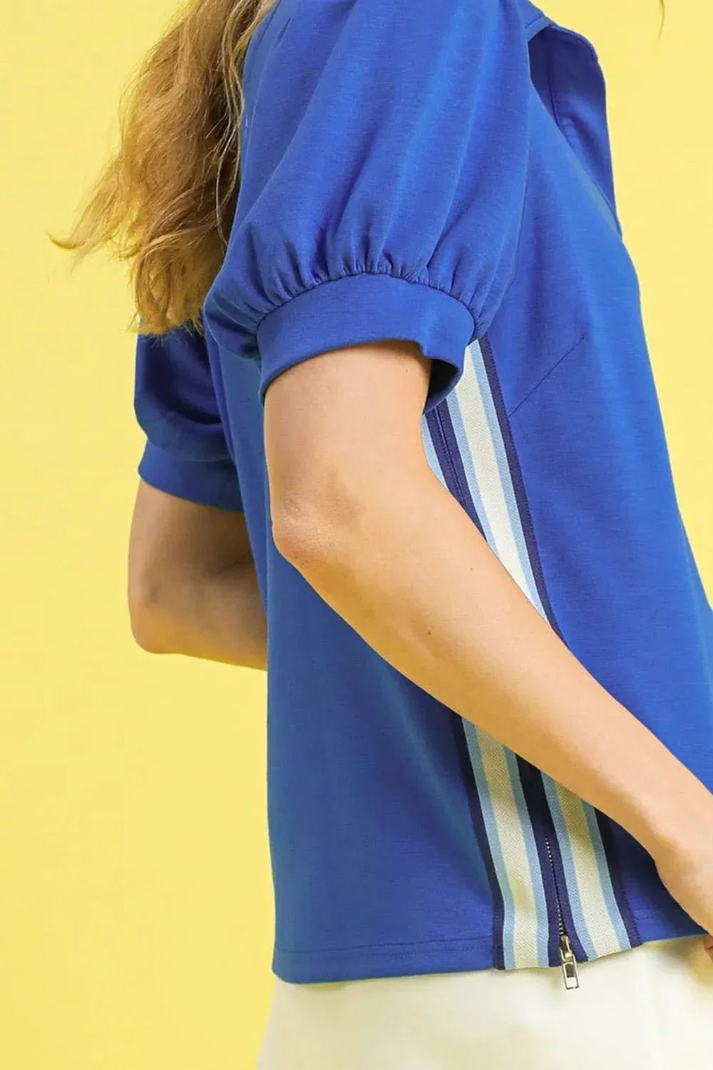 Umgee Side Zip Striped Puff Sleeve Polo - VILLA FASHION