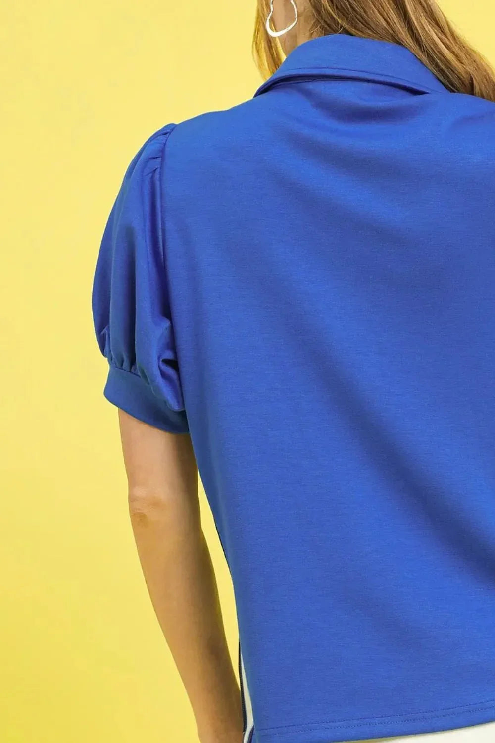 Umgee Side Zip Striped Puff Sleeve Polo - VILLA FASHION