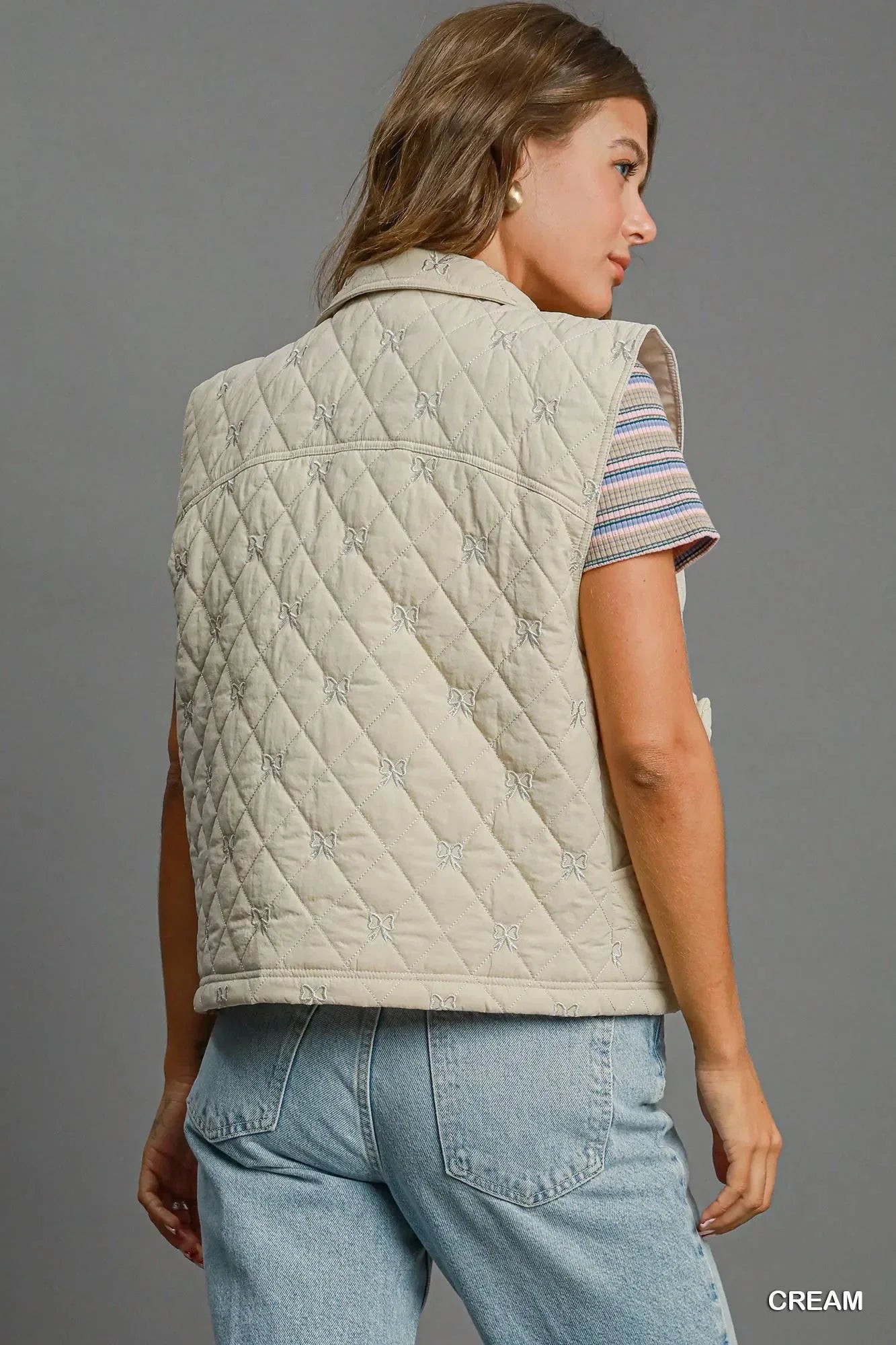 Umgee Sleeveless Quilted Vest with Bow Details - VILLA FASHION
