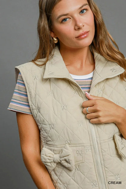 Umgee Sleeveless Quilted Vest with Bow Details - VILLA FASHION