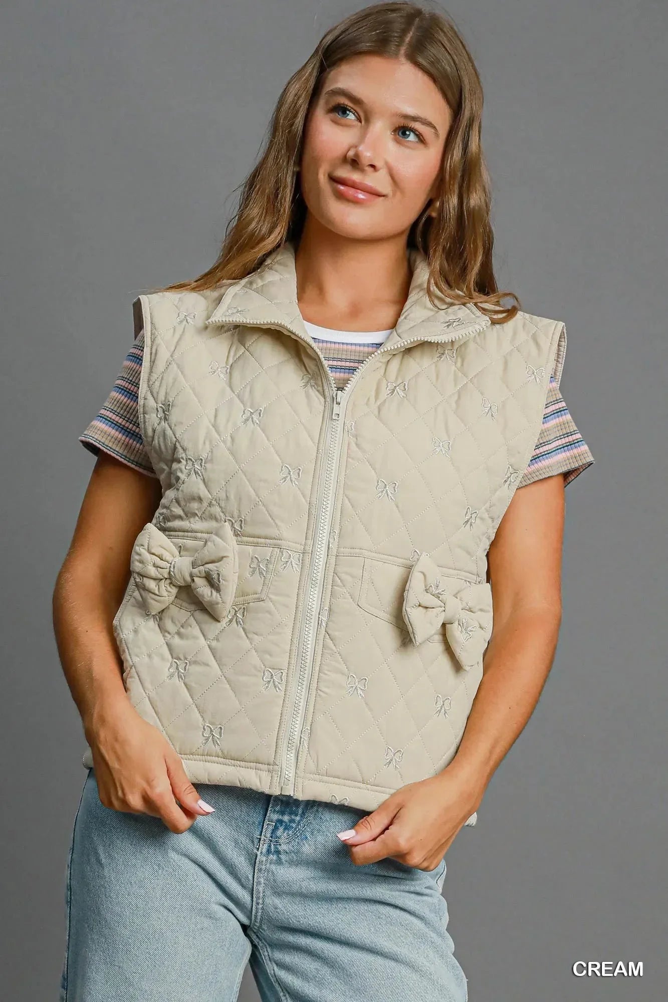 Umgee Sleeveless Quilted Vest with Bow Details - VILLA FASHION