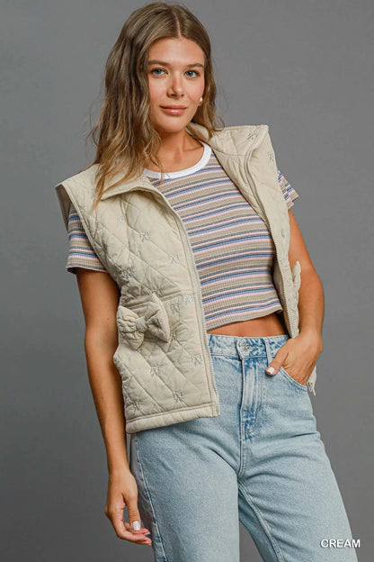 Umgee Sleeveless Quilted Vest with Bow Details - VILLA FASHION