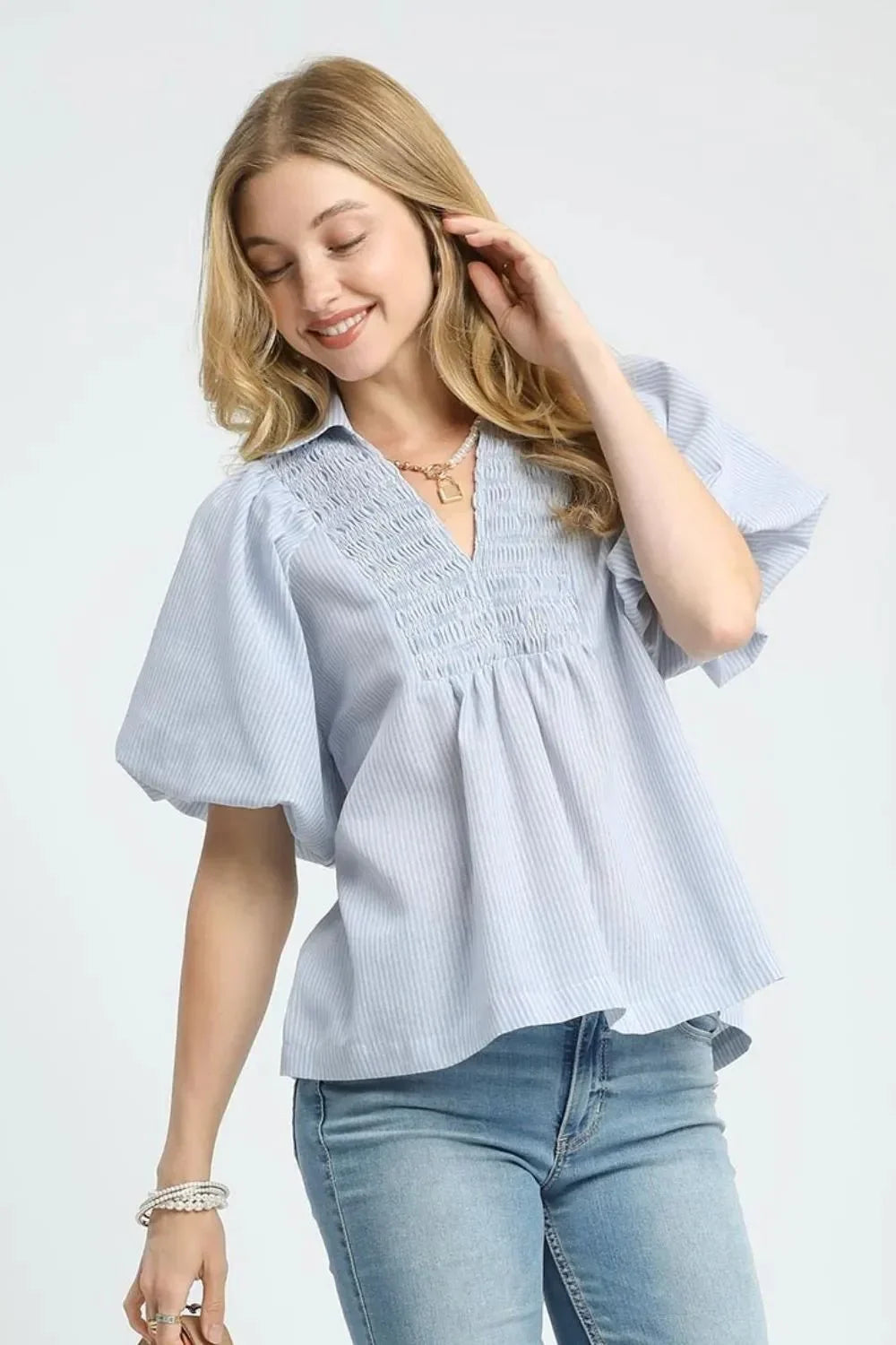 Umgee Smocked Puff Sleeve Blouse - VILLA FASHION