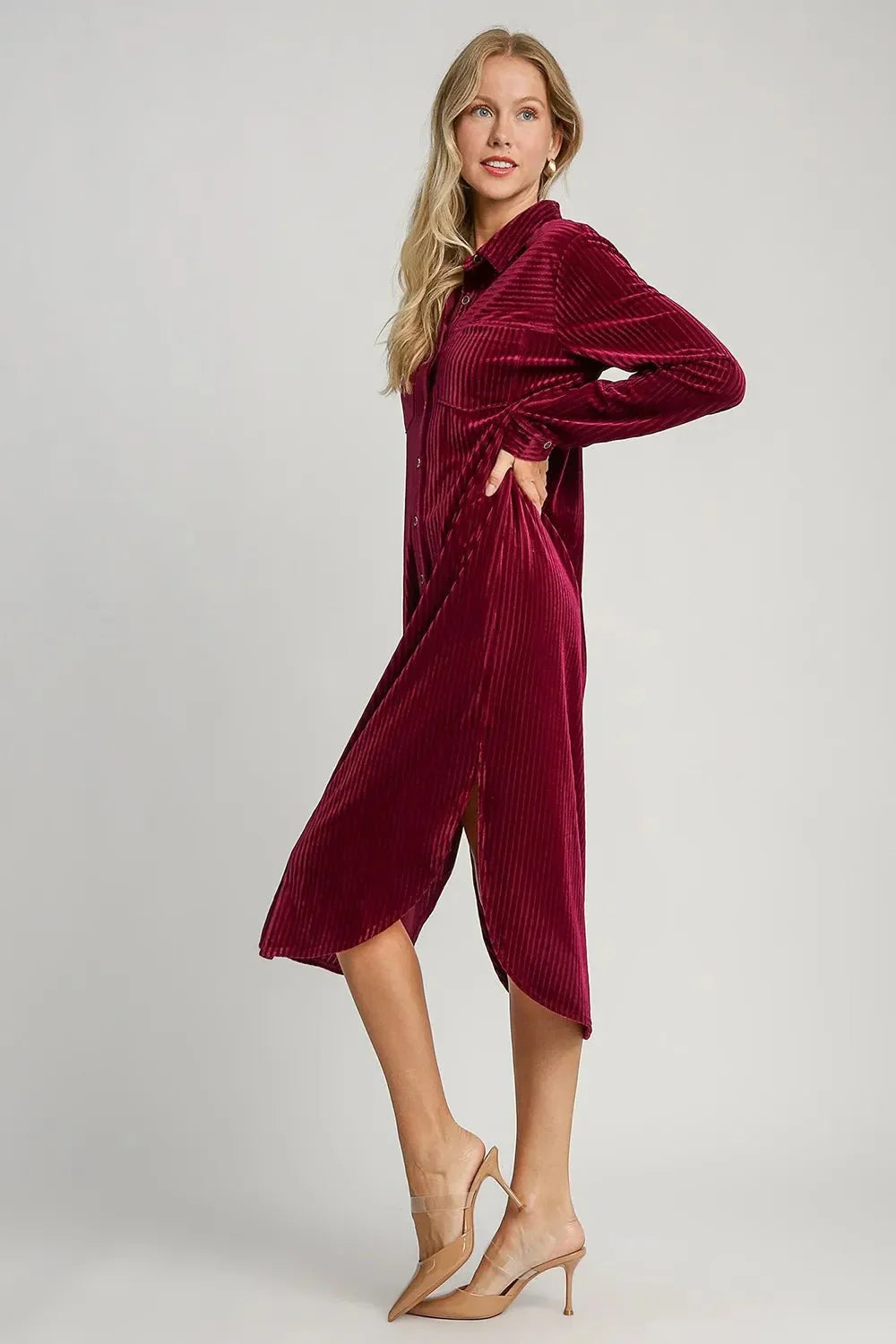 Umgee Texture Curved Hem Button Down Shirt Dress - VILLA FASHION