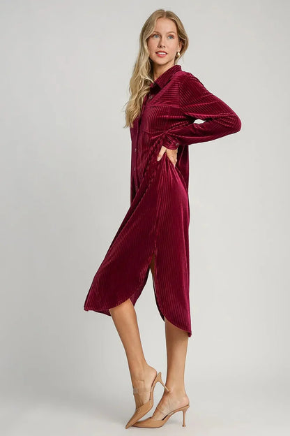 Umgee Texture Curved Hem Button Down Shirt Dress - VILLA FASHION