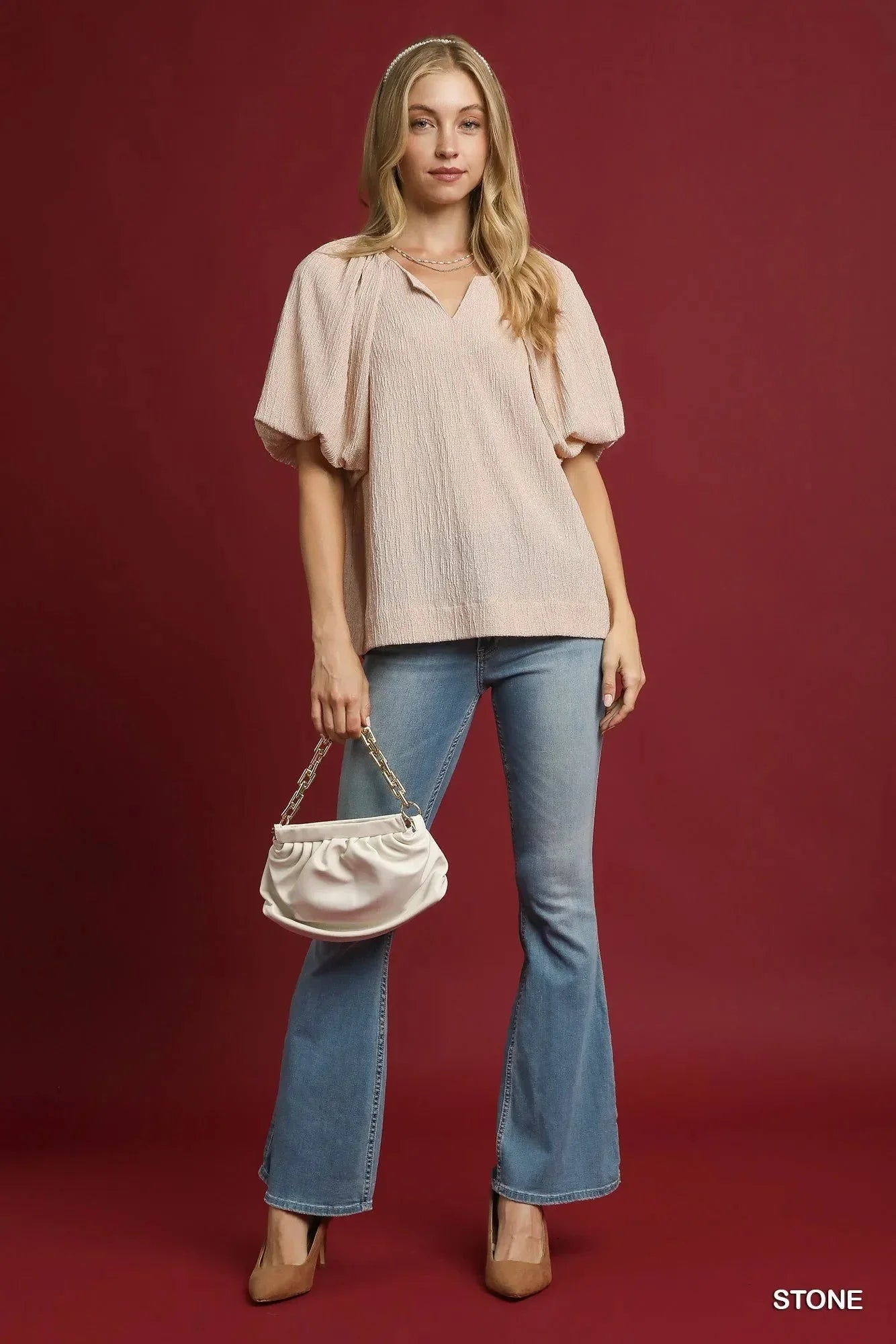 Umgee Texture Puff Sleeve Notched Blouse - VILLA FASHION