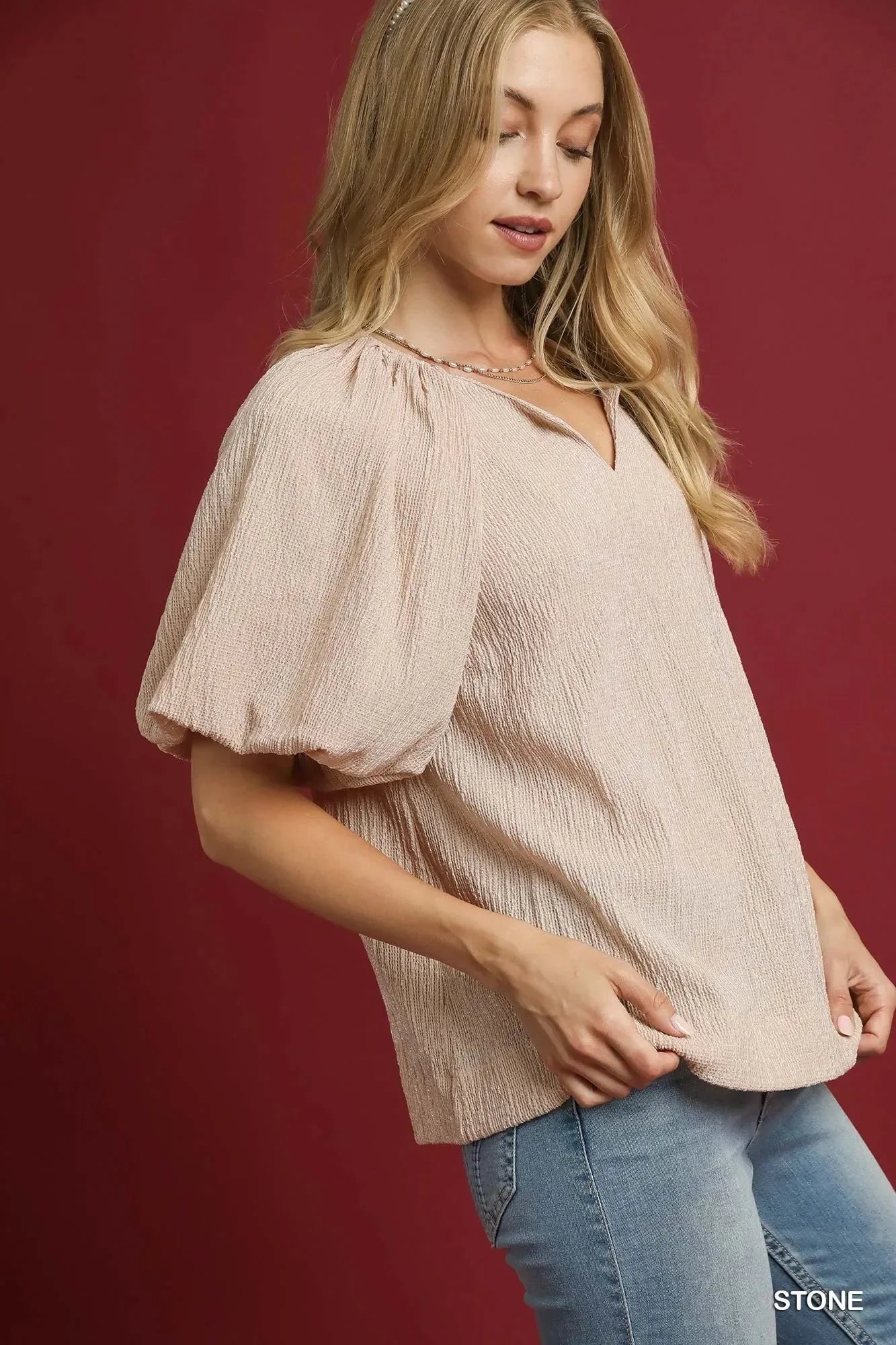Umgee Texture Puff Sleeve Notched Blouse - VILLA FASHION