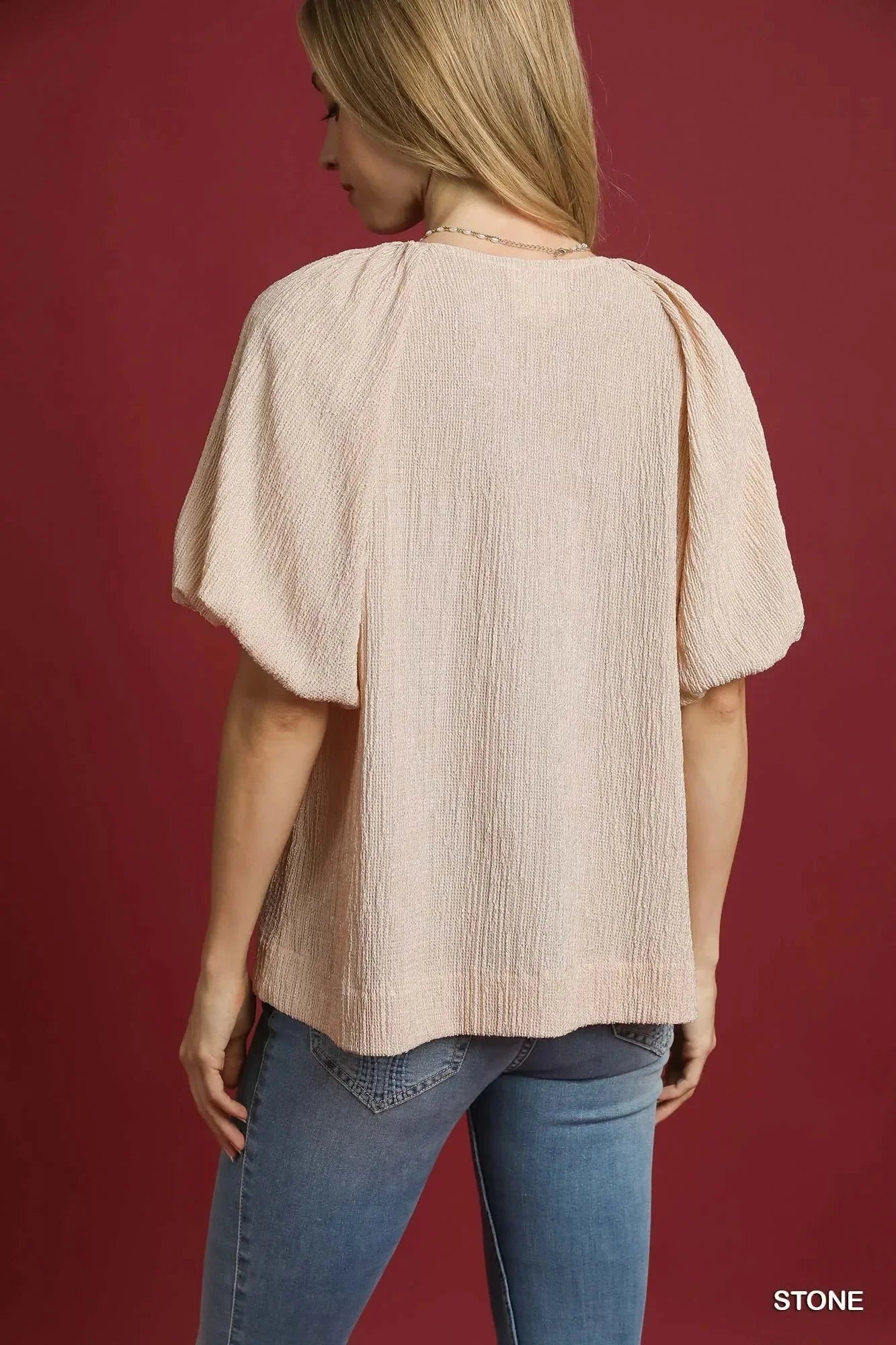Umgee Texture Puff Sleeve Notched Blouse - VILLA FASHION