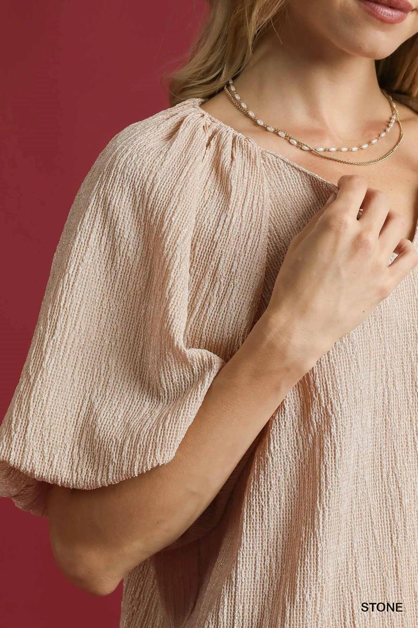 Umgee Texture Puff Sleeve Notched Blouse - VILLA FASHION