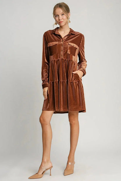 Umgee Texture Tiered Collared Long Sleeve Dress - VILLA FASHION