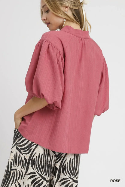 Umgee Textured Puff Sleeve Blouse - VILLA FASHION