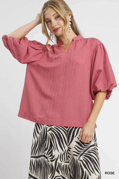 Umgee Textured Puff Sleeve Blouse - VILLA FASHION