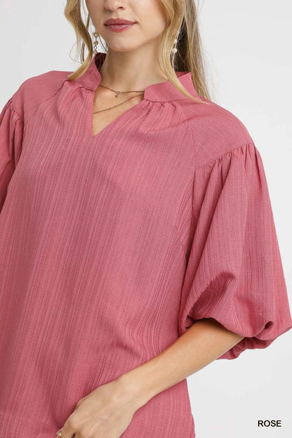 Umgee Textured Puff Sleeve Blouse - VILLA FASHION