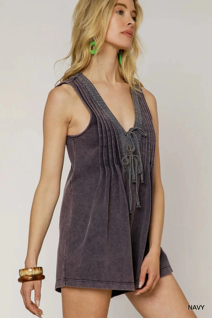 Umgee Tie Front Sleeveless Romper - VILLA FASHION