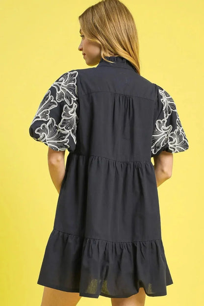 Umgee Tiered Embroidered Puff Sleeve Mini Dress - VILLA FASHION