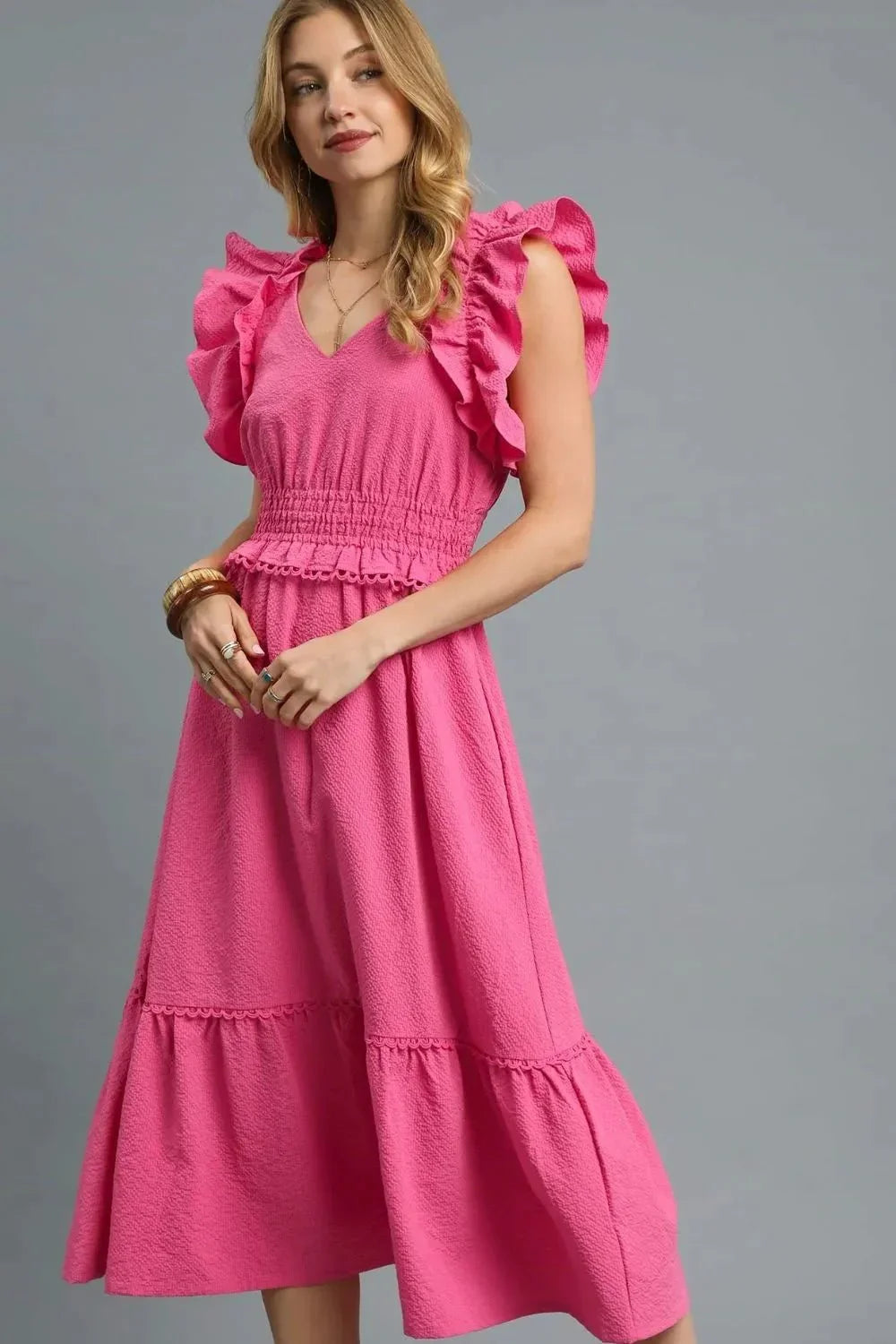 Umgee V - Neck Ruffled Cap Sleeve Midi Dress - VILLA FASHION