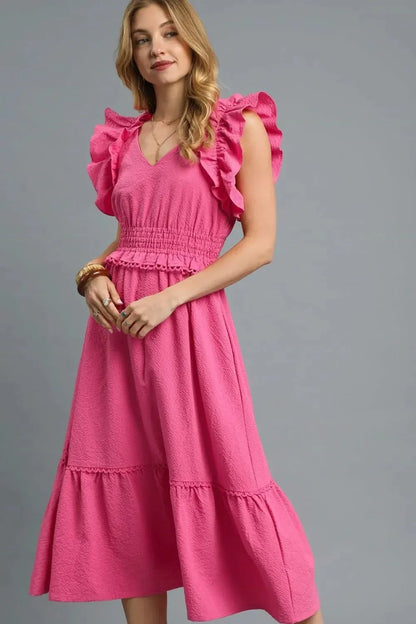 Umgee V - Neck Ruffled Cap Sleeve Midi Dress - VILLA FASHION
