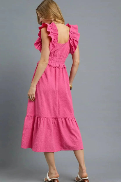 Umgee V - Neck Ruffled Cap Sleeve Midi Dress - VILLA FASHION