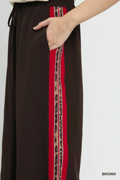 Umgee Wide Leg Pants with Contrast Side Trim - VILLA FASHION