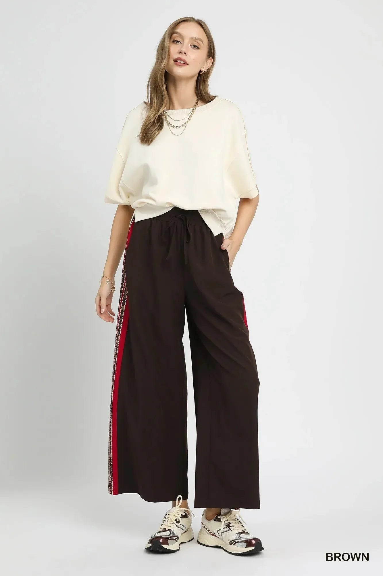 Umgee Wide Leg Pants with Contrast Side Trim - VILLA FASHION
