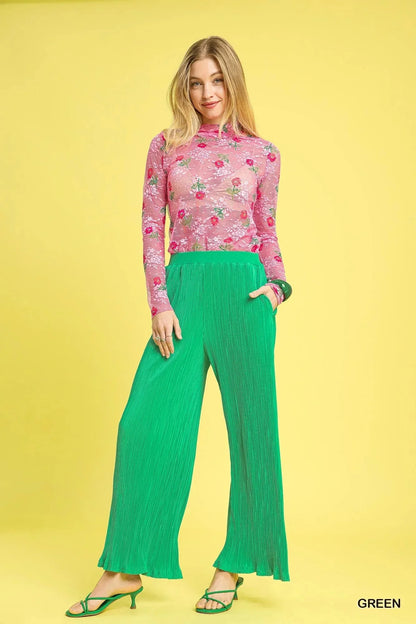 Umgee Wide Leg Textured Pants - VILLA FASHION