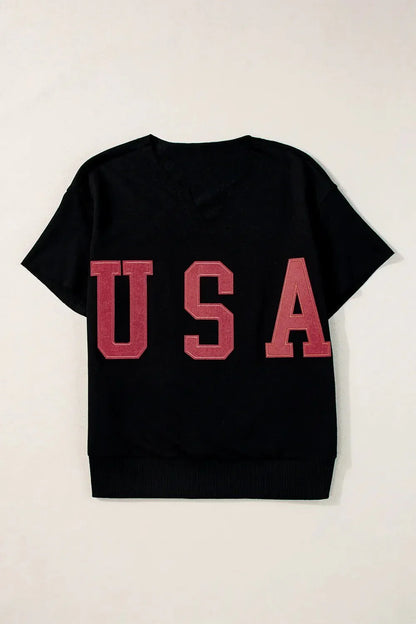 USA Notched Short Sleeve T-Shirt - VILLA FASHION
