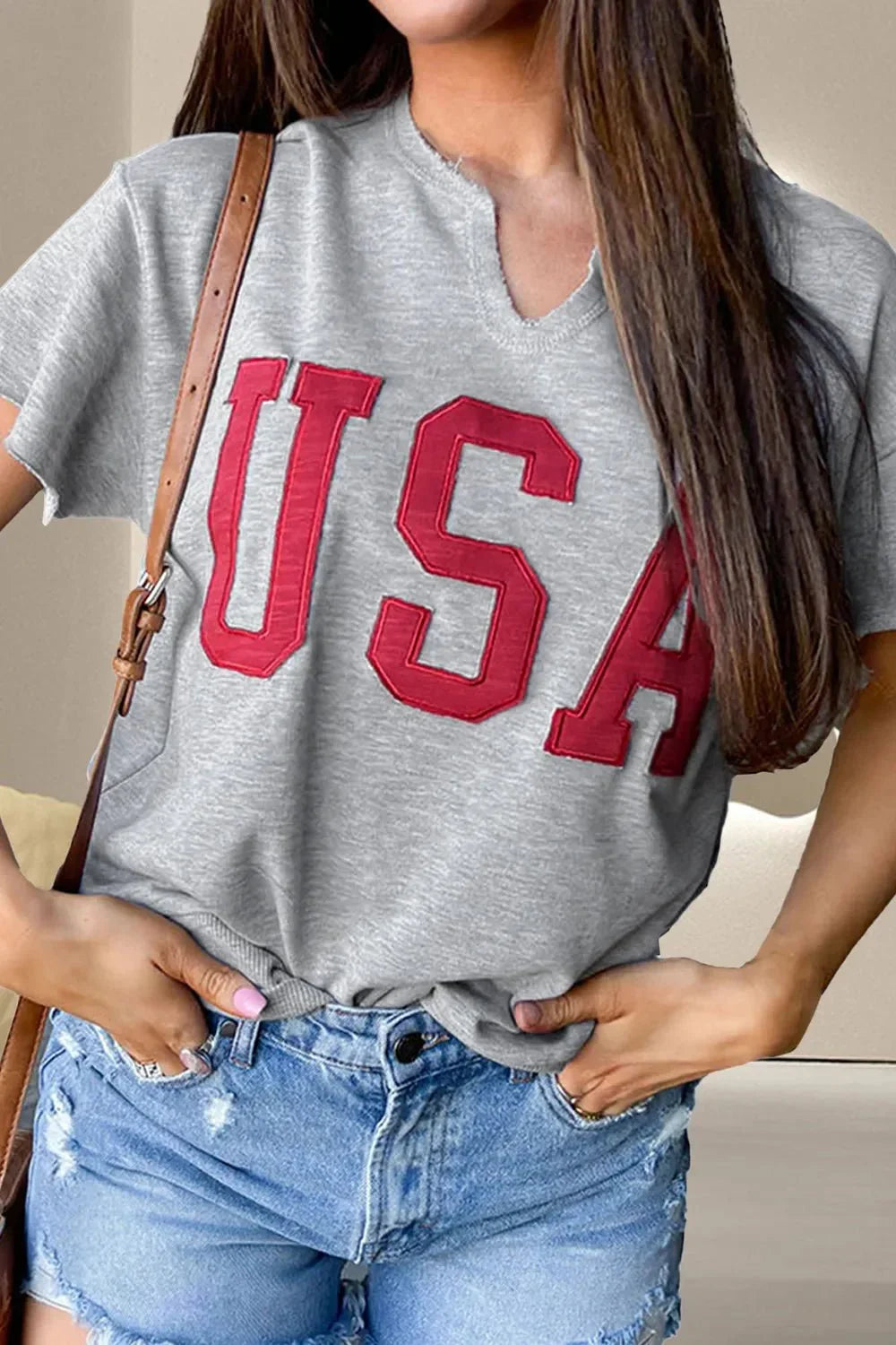 USA Notched Short Sleeve T-Shirt - VILLA FASHION