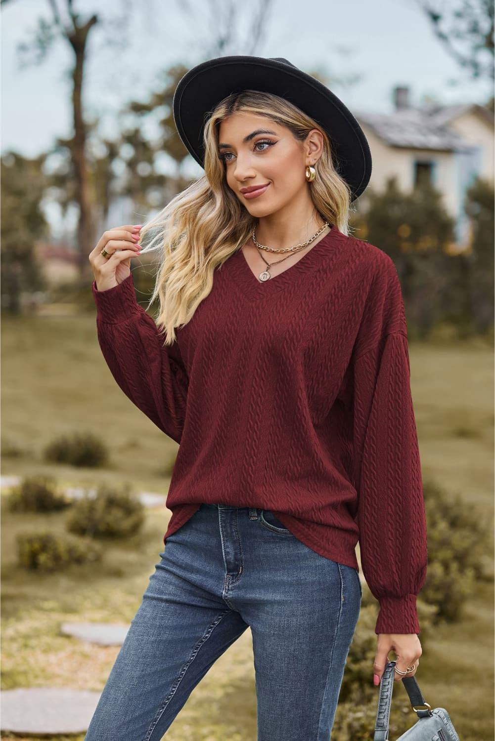V - Neck Dropped Shoulder Blouse - VILLA FASHION