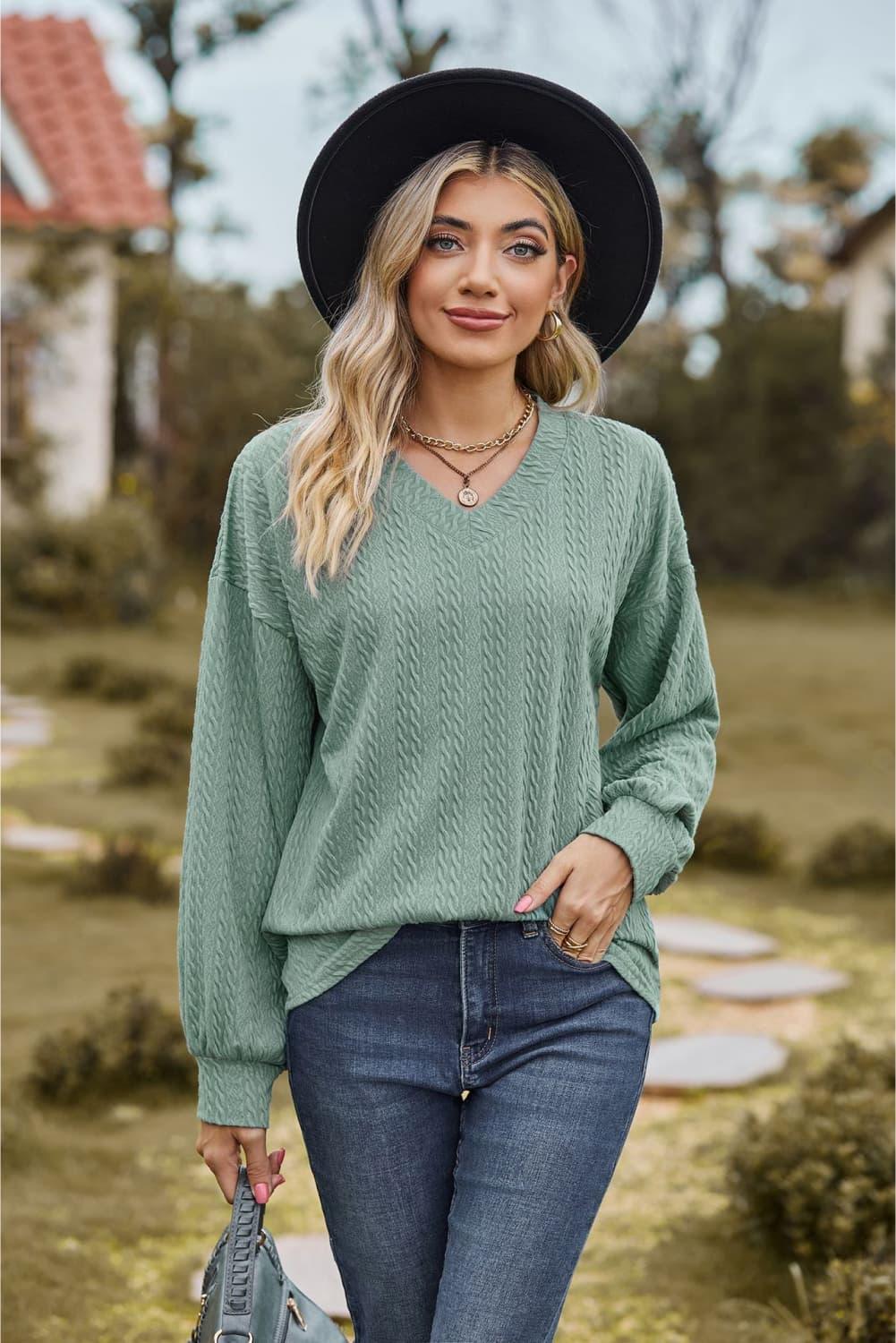 V - Neck Dropped Shoulder Blouse - VILLA FASHION