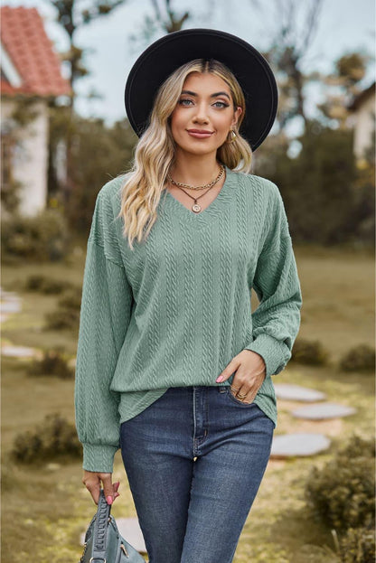 V - Neck Dropped Shoulder Blouse - VILLA FASHION