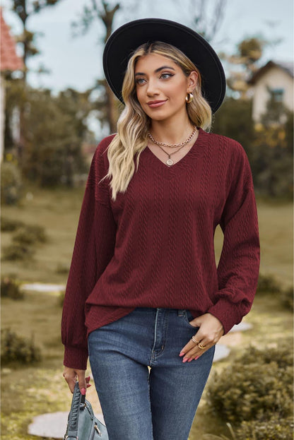 V - Neck Dropped Shoulder Blouse - VILLA FASHION