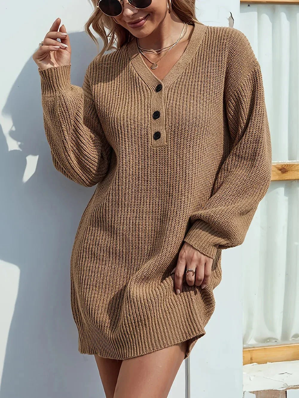 V - Neck Dropped Shoulder Mini Sweater Dress - VILLA FASHION