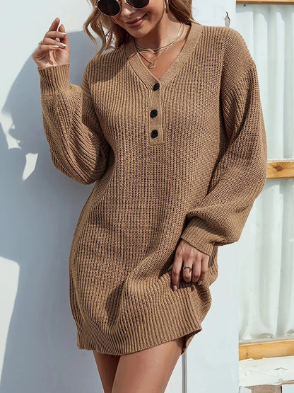 V - Neck Dropped Shoulder Mini Sweater Dress - VILLA FASHION