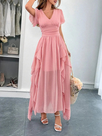 V - Neck Flutter Sleeve Dress - VILLA FASHION