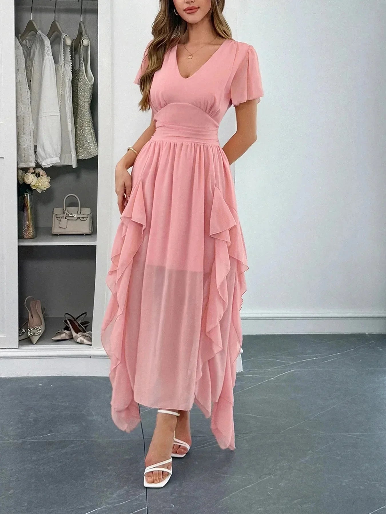 V - Neck Flutter Sleeve Dress - VILLA FASHION