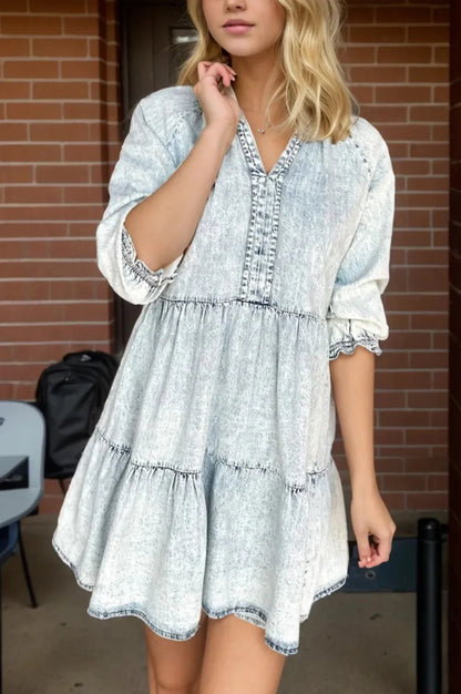 V - Neck Half Sleeve Mini Denim Dress - VILLA FASHION