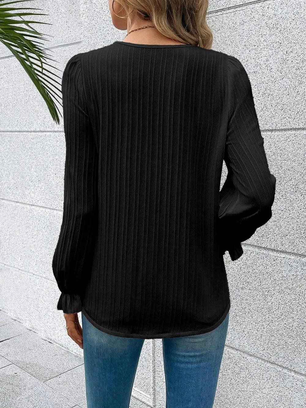 V - Neck Lace Detail Flounce Sleeve Blouse - VILLA FASHION