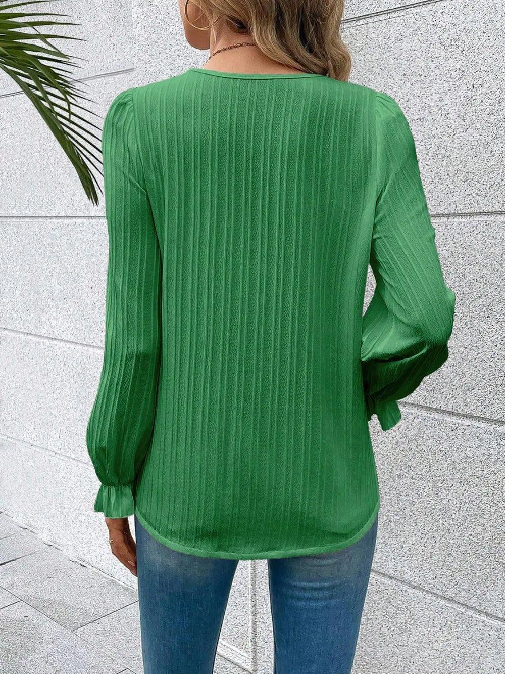 V - Neck Lace Detail Flounce Sleeve Blouse - VILLA FASHION