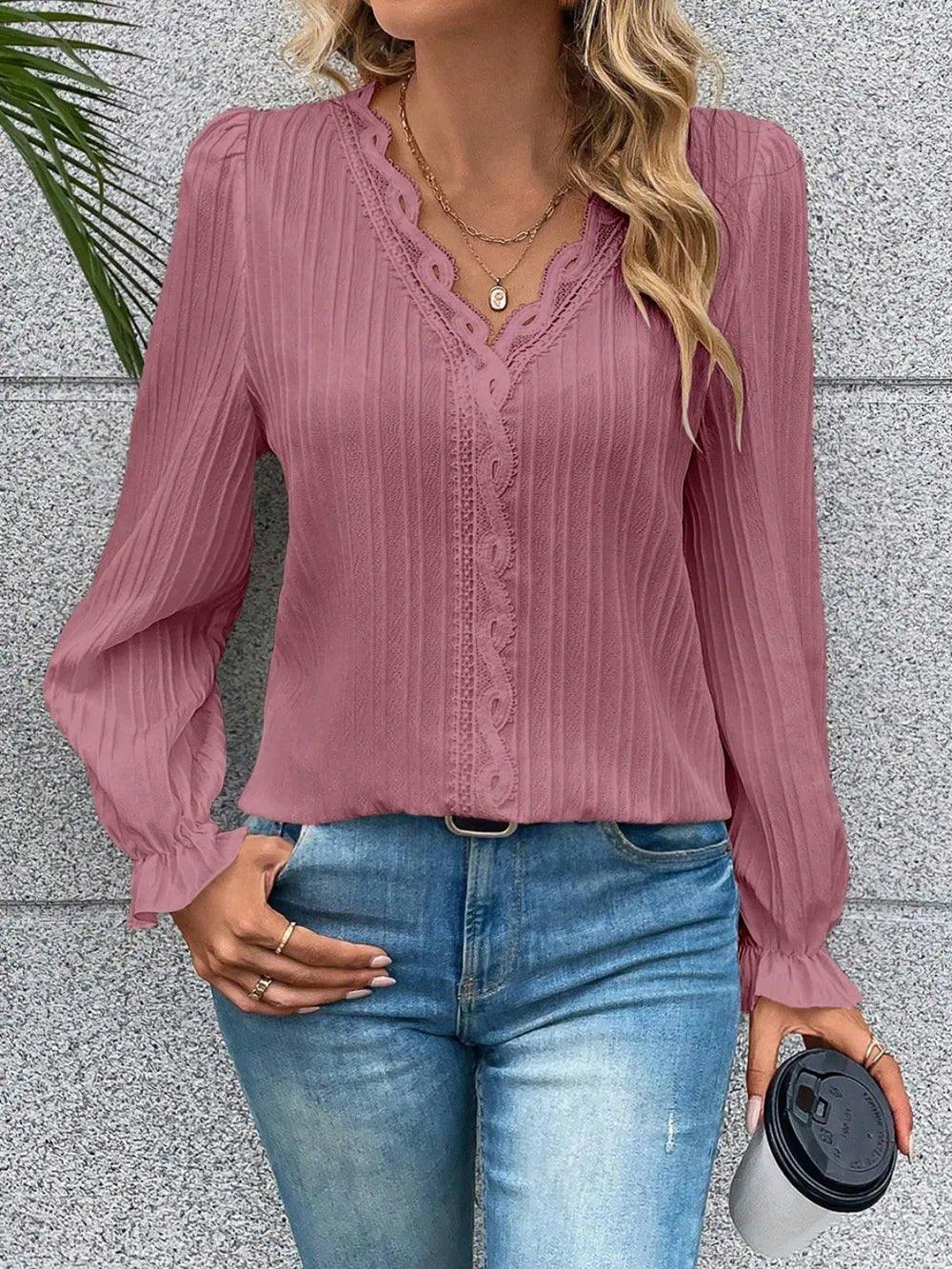 V - Neck Lace Detail Flounce Sleeve Blouse - VILLA FASHION
