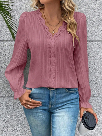 V - Neck Lace Detail Flounce Sleeve Blouse - VILLA FASHION