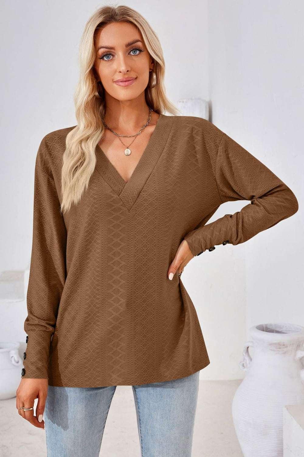 V - Neck Long Sleeve Blouse - VILLA FASHION