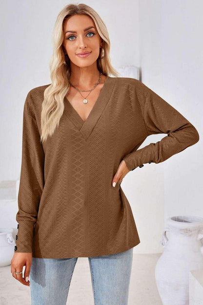 V - Neck Long Sleeve Blouse - VILLA FASHION