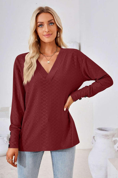 V - Neck Long Sleeve Blouse - VILLA FASHION