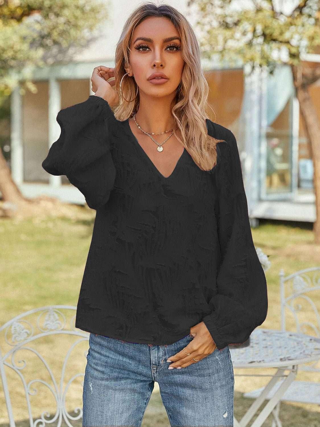 V - Neck Long Sleeve Blouse - VILLA FASHION