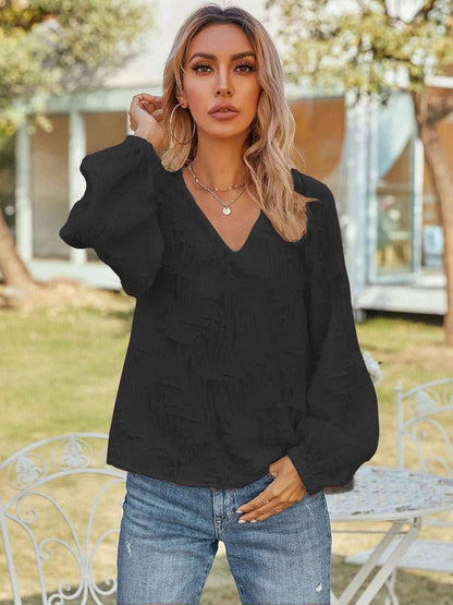 V - Neck Long Sleeve Blouse - VILLA FASHION
