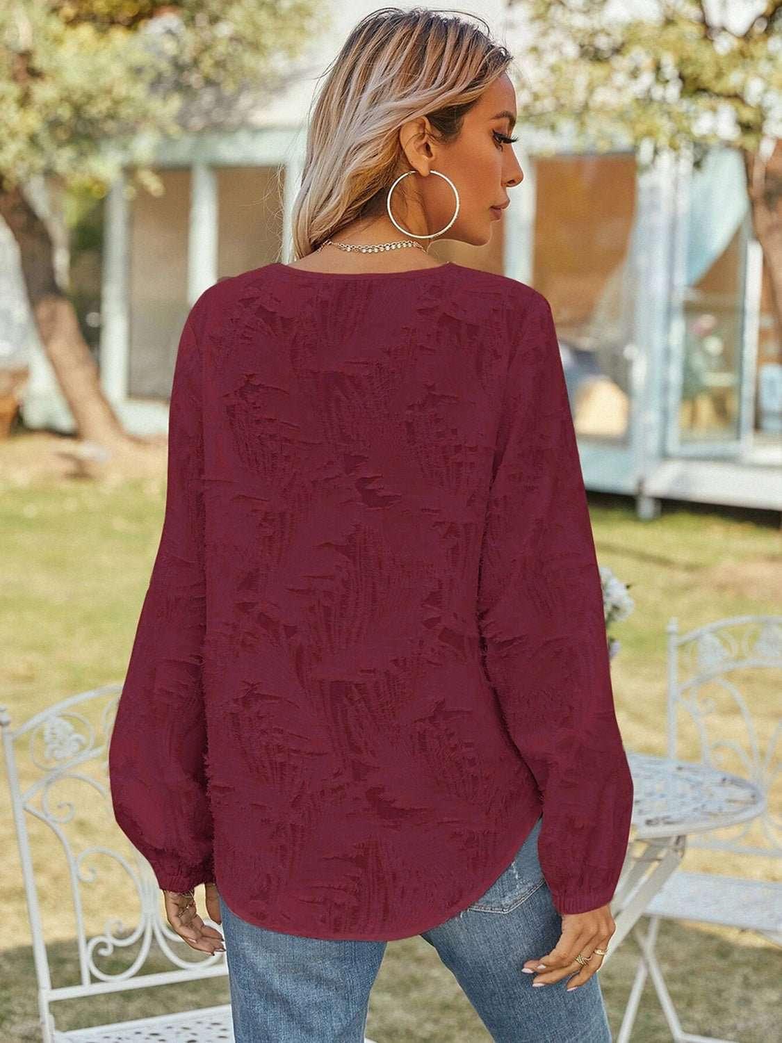 V - Neck Long Sleeve Blouse - VILLA FASHION