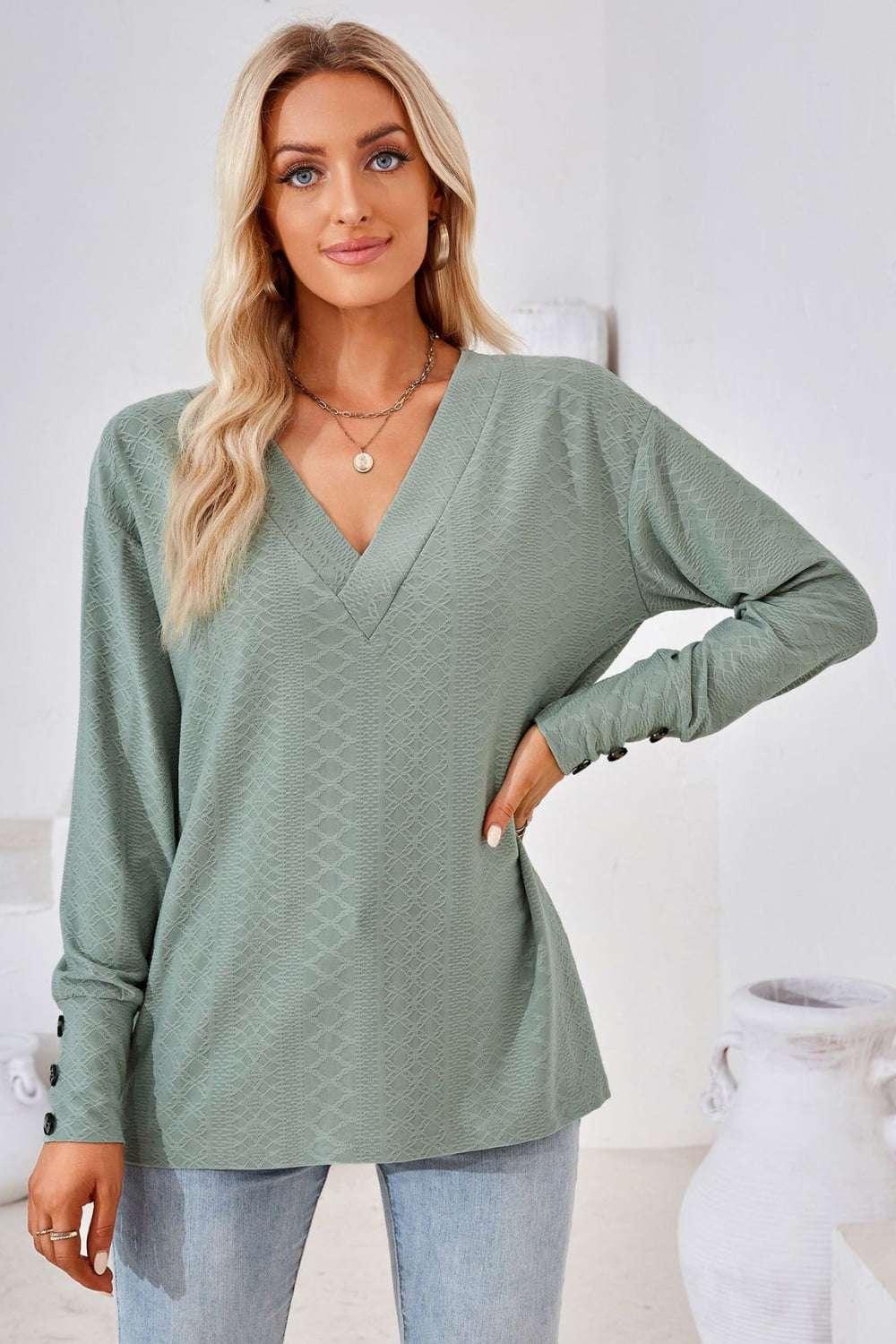 V - Neck Long Sleeve Blouse - VILLA FASHION